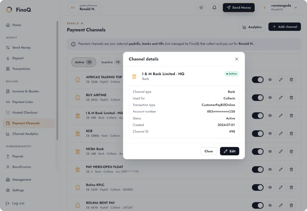 Payment channels on FinoQ Business, with a connected bank account open