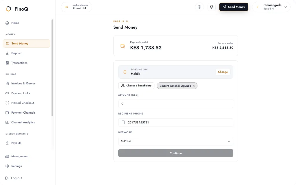 Send money on FinoQ Business, with a beneficiary, their phone number and M-PESA selected