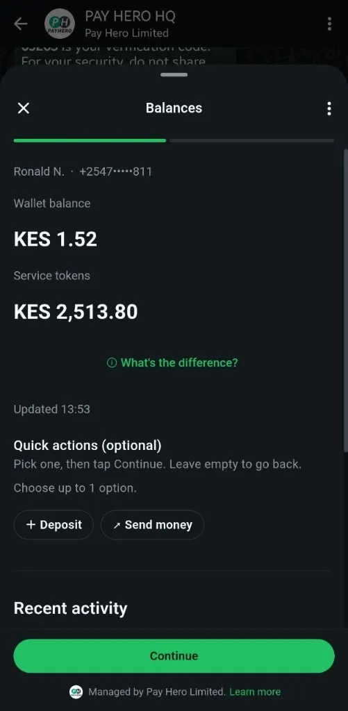 WhatsApp balances on FinoQ Business, with the wallet balance, service tokens, and deposit or send money
