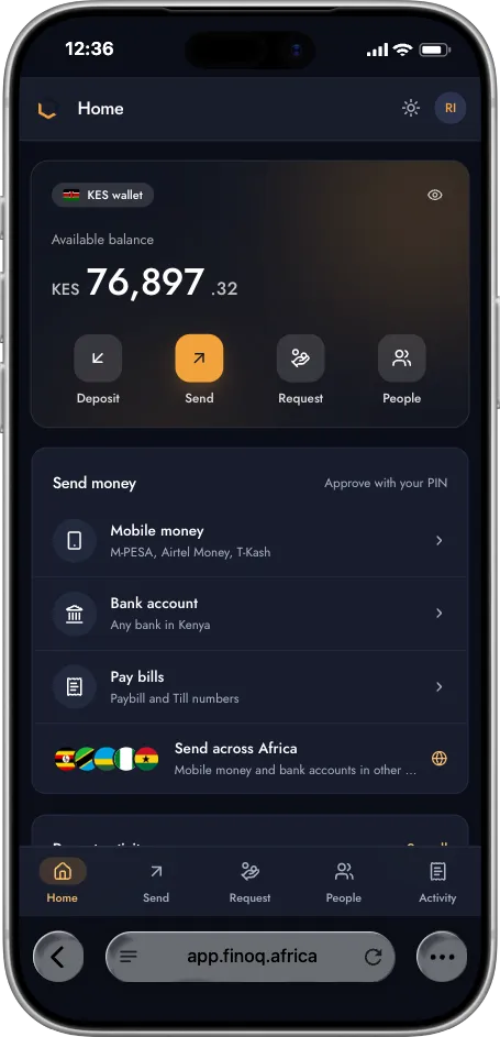 FinoQ Personal home screen with the KES balance, and Deposit, Send, Request, and People
