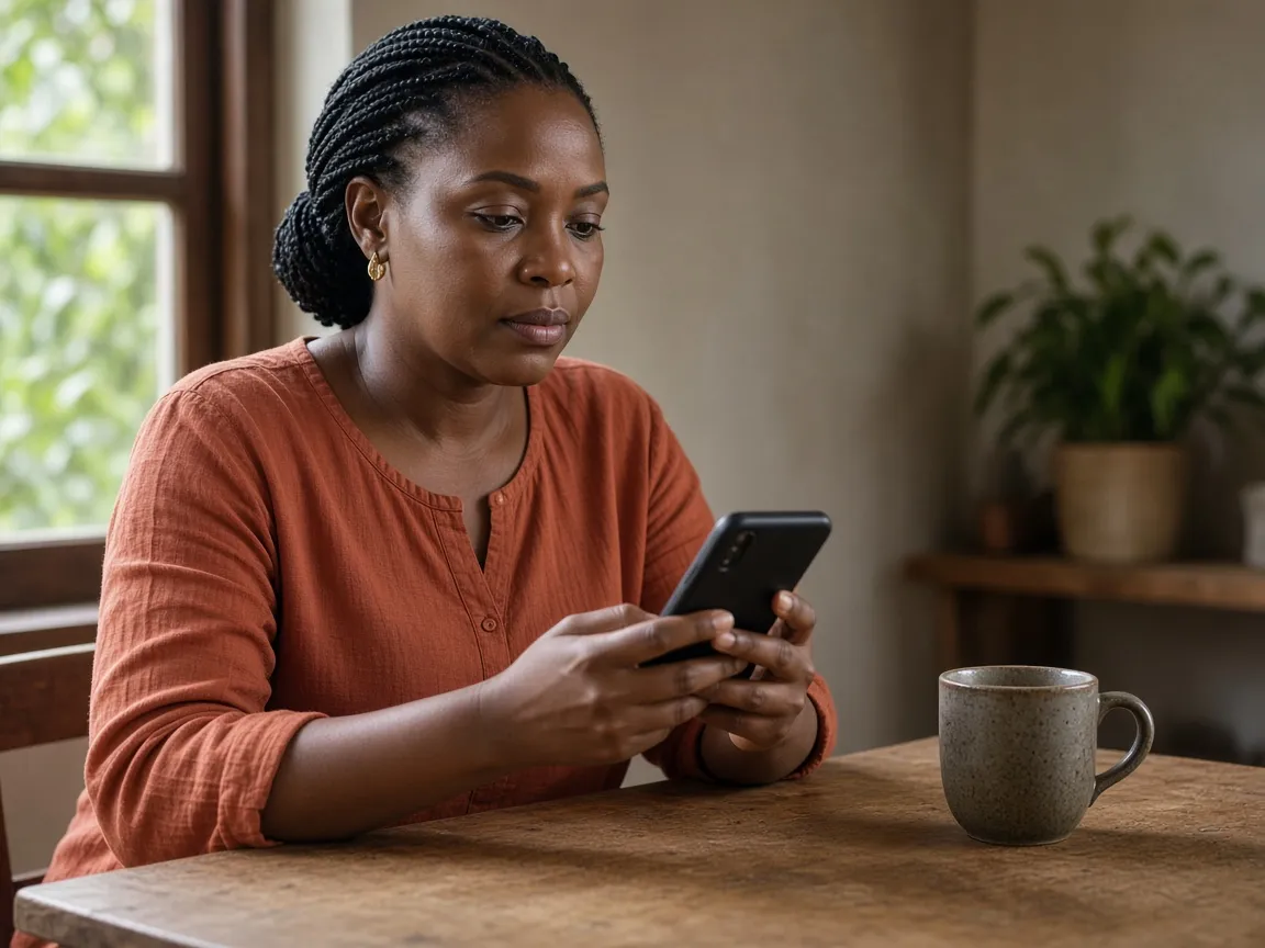 A woman at a table, confirming a payment on her phone