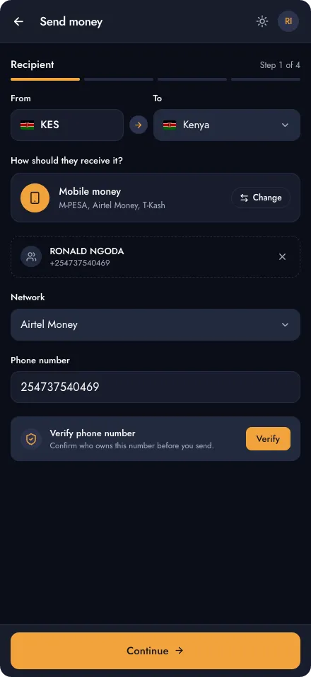 Send money screen with the recipient’s name, Airtel Money, and a check for who owns the phone number